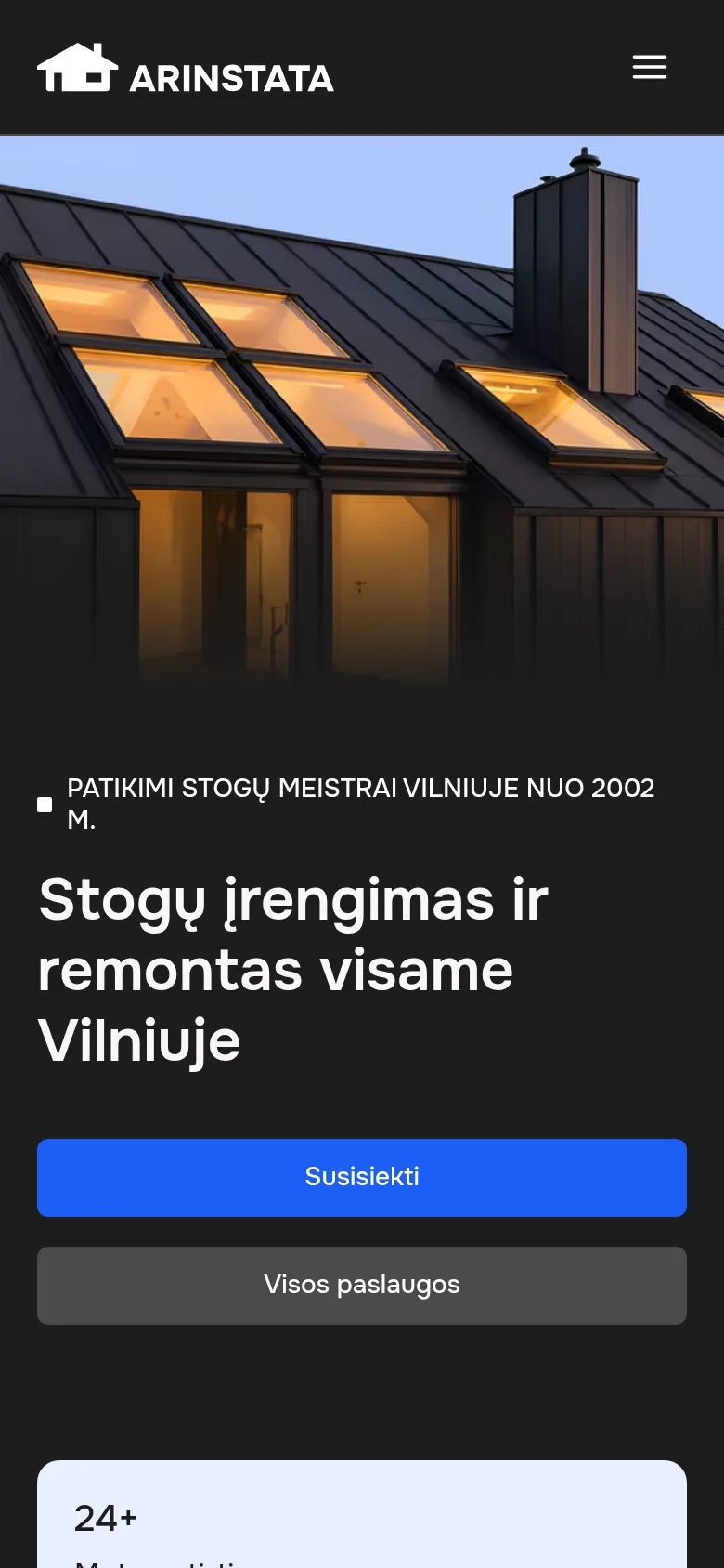 The Arinstata homepage at phone width.
