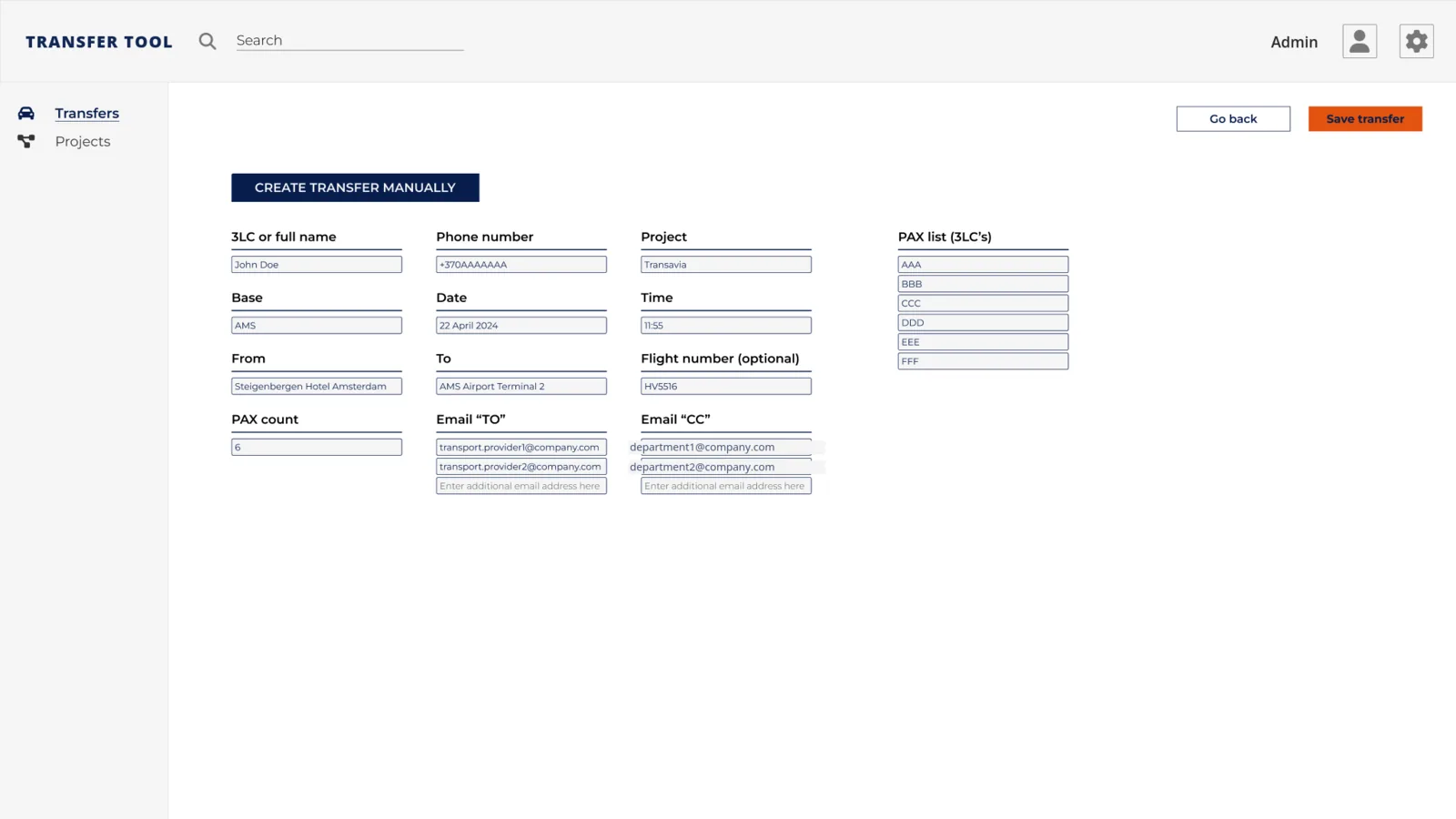Manual transfer creation screen: a form with route, date, passenger list and email recipient fields, filled with placeholder data.