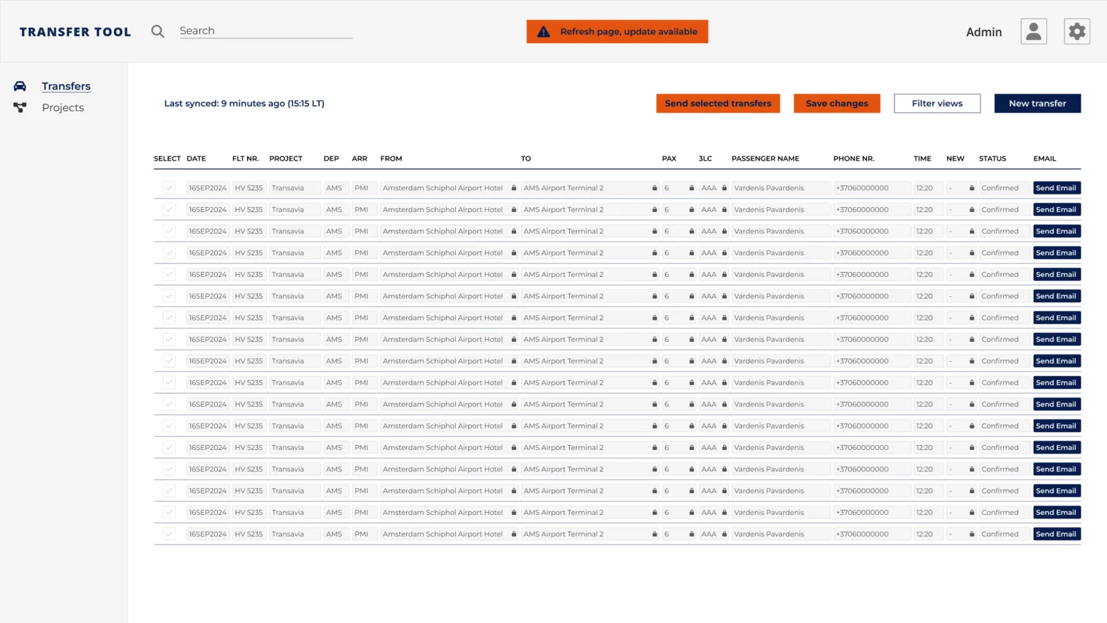 Transfers screen of the prototype: a web panel listing ground transfers with flight, route, passenger and status columns, and a send-email action per row. All rows show placeholder data.