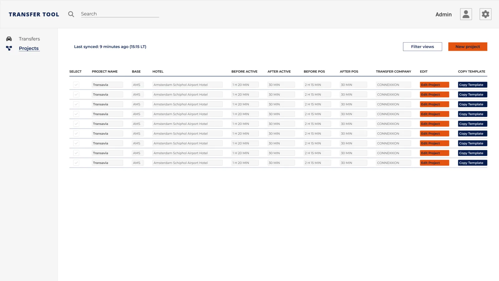 Projects screen of the prototype: per-project transfer timing defaults with edit and copy-template actions.
